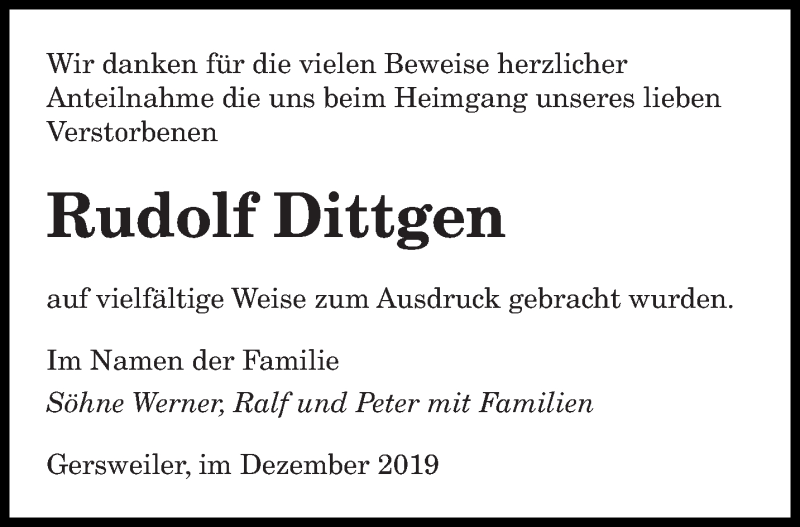 Traueranzeigen Von Rudolf Dittgen Saarbruecker Zeitung Trauer De