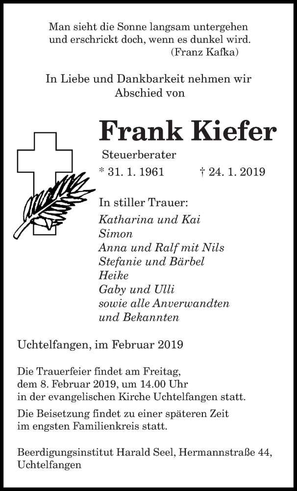 Traueranzeigen Von Frank Kiefer Saarbruecker Zeitung Trauer De