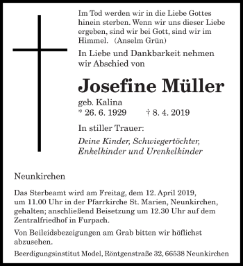 Traueranzeigen Von Josefine M Ller Saarbruecker Zeitung Trauer De