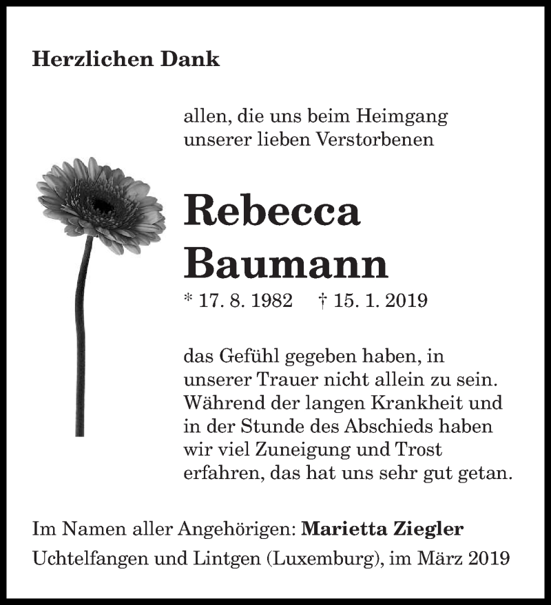 Traueranzeigen Von Rebecca Baumann Saarbruecker Zeitung Trauer De