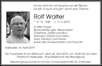 Traueranzeigen Von Rolf Walter Saarbruecker Zeitung Trauer De