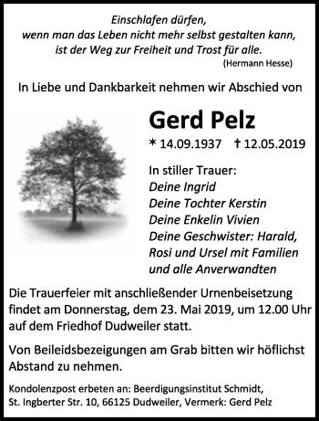 Traueranzeigen Von Gerd Pelz Saarbruecker Zeitung Trauer De