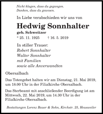 Traueranzeigen Von Hedwig Sonnhalter Saarbruecker Zeitung Trauer De