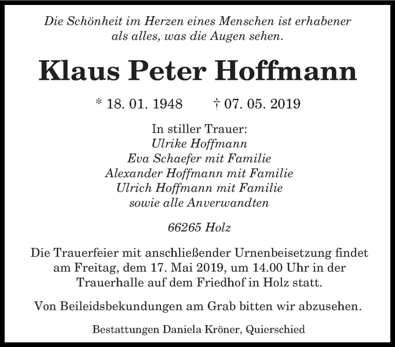 Traueranzeigen Von Klaus Peter Hoffmann Saarbruecker Zeitung Trauer De