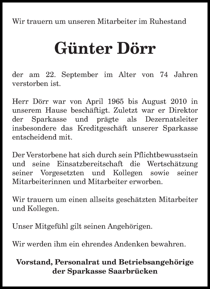 Traueranzeigen von Günter Dörr Saarbruecker Zeitung Trauer de