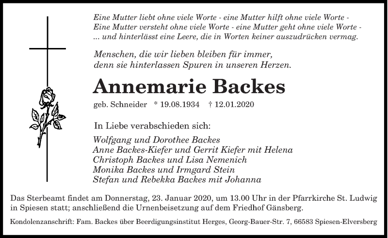 Traueranzeigen Von Annemarie Backes Saarbruecker Zeitung Trauer De