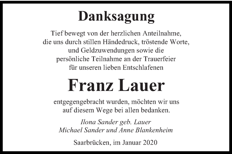 Traueranzeigen Von Franz Lauer Saarbruecker Zeitung Trauer De