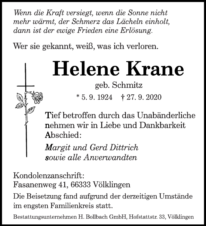 Traueranzeigen Von Helene Krane Saarbruecker Zeitung Trauer De