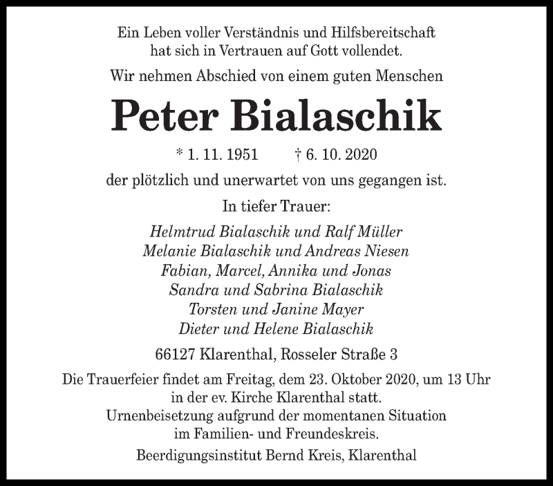 Traueranzeigen Von Peter Bialaschik Saarbruecker Zeitung Trauer De