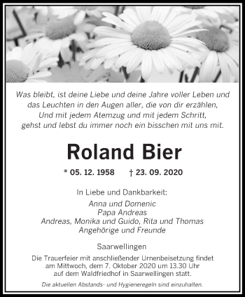 Traueranzeigen Von Roland Bier Saarbruecker Zeitung Trauer De