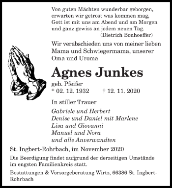 Traueranzeigen Von Agnes Junkes Saarbruecker Zeitung Trauer De