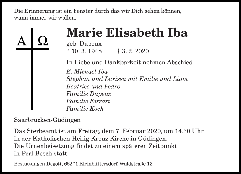 Traueranzeigen Von Marie Elisabeth Iba Saarbruecker Zeitung Trauer De