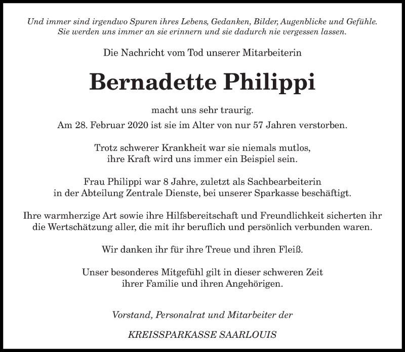 Traueranzeigen Von Bernadette Philippi Saarbruecker Zeitung Trauer De