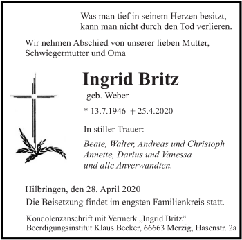 Traueranzeigen Von Ingrid Britz Saarbruecker Zeitung Trauer De