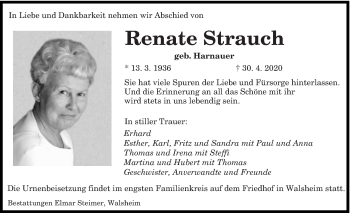 Traueranzeigen Von Renate Strauch Saarbruecker Zeitung Trauer De