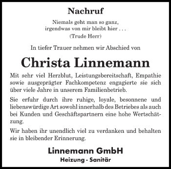 Traueranzeigen Von Christa Linnemann Saarbruecker Zeitung Trauer De