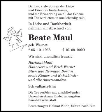 Traueranzeigen Von Beate Maul Saarbruecker Zeitung Trauer De