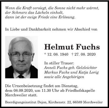 Traueranzeigen Von Helmut Fuchs Saarbruecker Zeitung Trauer De