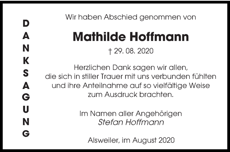 Traueranzeigen Von Mathilde Hoffmann Saarbruecker Zeitung Trauer De