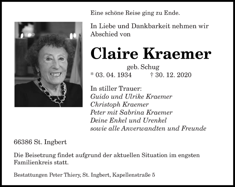 Traueranzeigen Von Claire Kraemer Saarbruecker Zeitung Trauer De