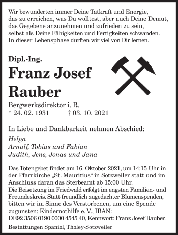 Traueranzeigen Von Franz Josef Rauber Saarbruecker Zeitung Trauer De