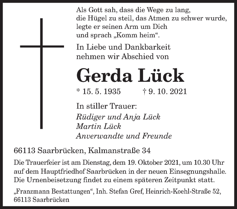 Traueranzeigen von Gerda Lück Saarbruecker Zeitung Trauer de