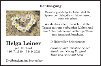 Traueranzeigen Von Helga Leiner Saarbruecker Zeitung Trauer De