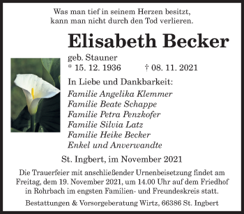 Traueranzeigen Von Elisabeth Becker Saarbruecker Zeitung Trauer De