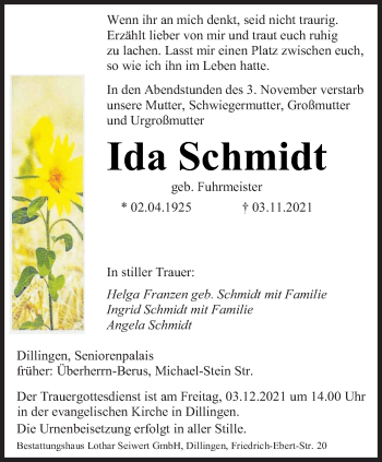 Traueranzeigen Von Ida Schmidt Saarbruecker Zeitung Trauer De