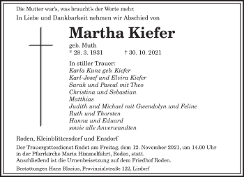 Traueranzeigen Von Martha Kiefer Saarbruecker Zeitung Trauer De