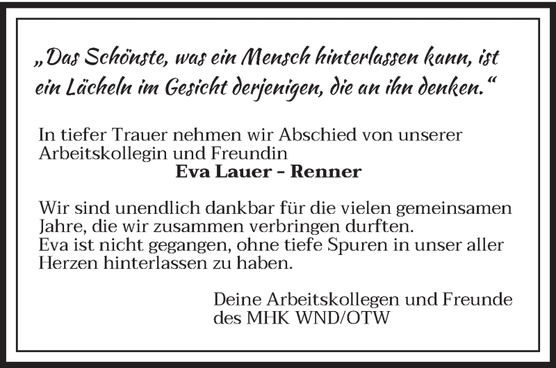 Traueranzeigen Von Eva Lauer Renner Saarbruecker Zeitung Trauer De