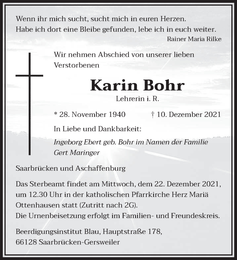 Traueranzeigen Von Karin Bohr Saarbruecker Zeitung Trauer De