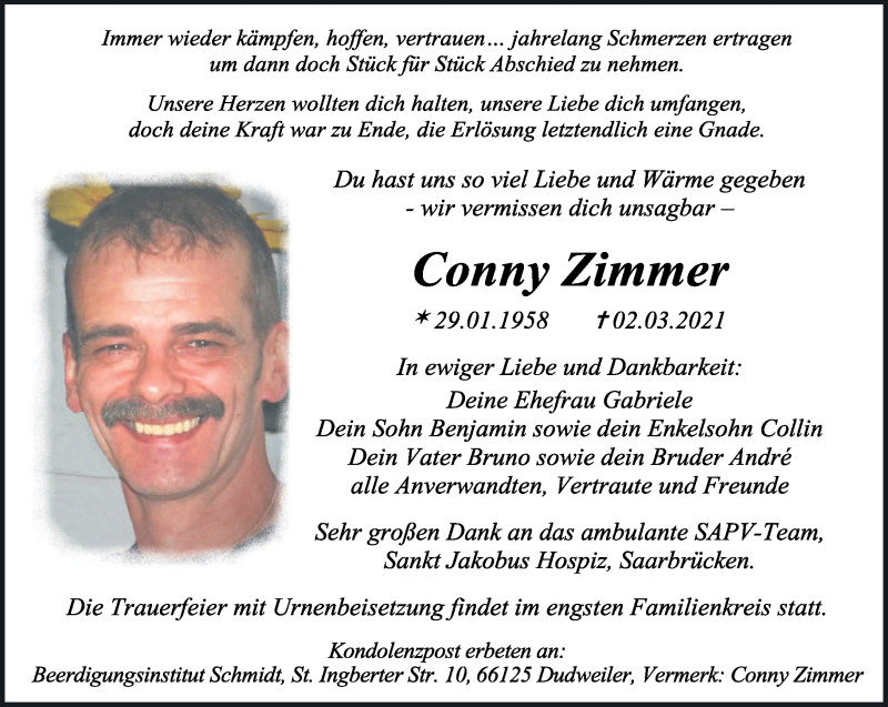 Traueranzeigen Von Conny Zimmer Saarbruecker Zeitung Trauer De