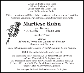 Traueranzeigen Von Marliese Kuhn Saarbruecker Zeitung Trauer De