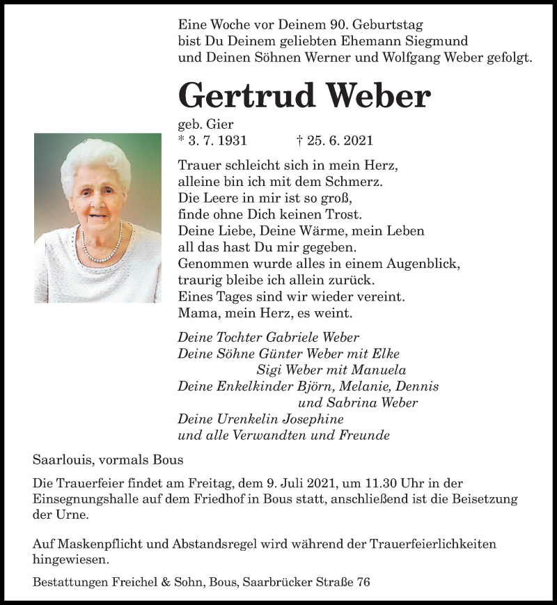 Traueranzeigen Von Gertrud Weber Saarbruecker Zeitung Trauer De