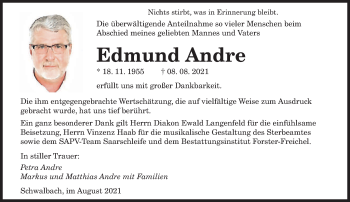 Traueranzeigen Von Edmund Andre Saarbruecker Zeitung Trauer De