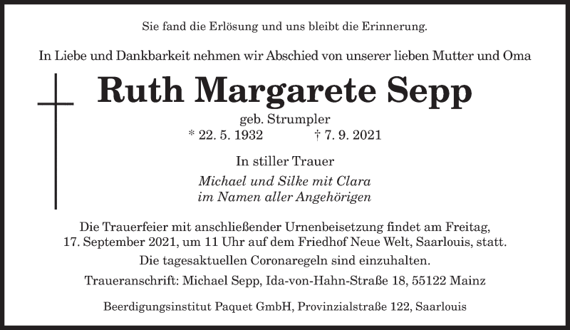 Traueranzeigen Von Ruth Margarete Sepp Saarbruecker Zeitung Trauer De