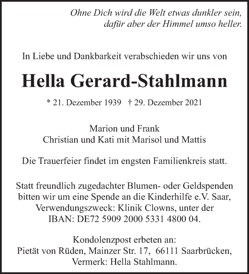 Traueranzeigen Von Hella Gerard Stahlmann Saarbruecker Zeitung Trauer De