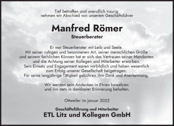 Traueranzeigen von Manfred Römer Saarbruecker Zeitung Trauer de