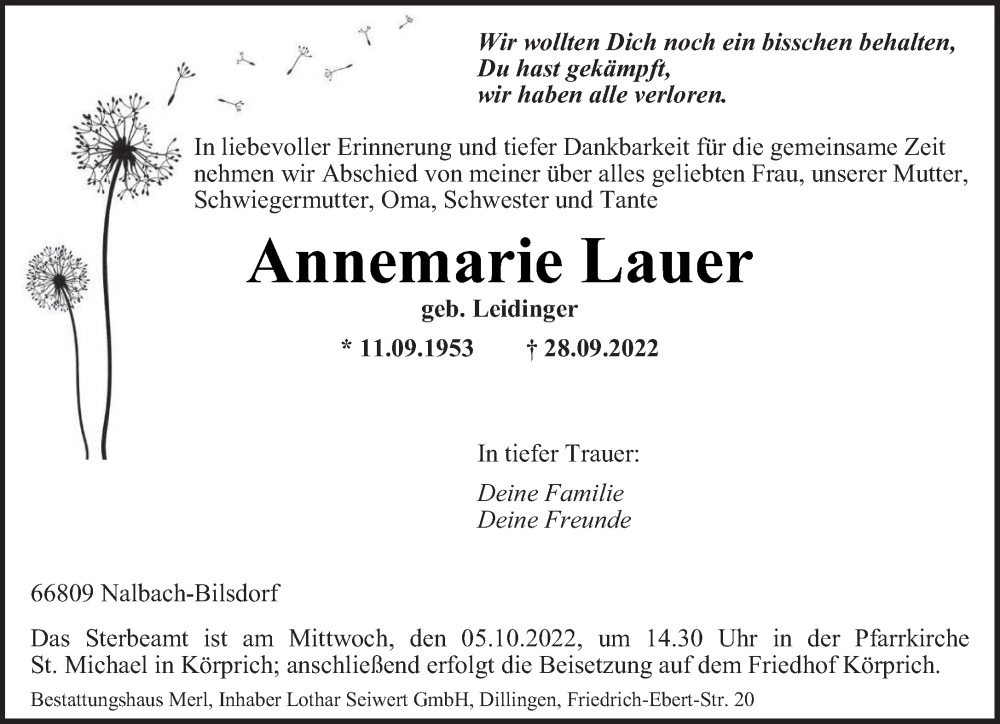 Traueranzeigen Von Annemarie Lauer Saarbruecker Zeitung Trauer De