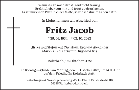 Traueranzeigen Von Fritz Jacob Saarbruecker Zeitung Trauer De