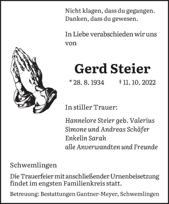 Traueranzeigen Von Gerd Steier Saarbruecker Zeitung Trauer De