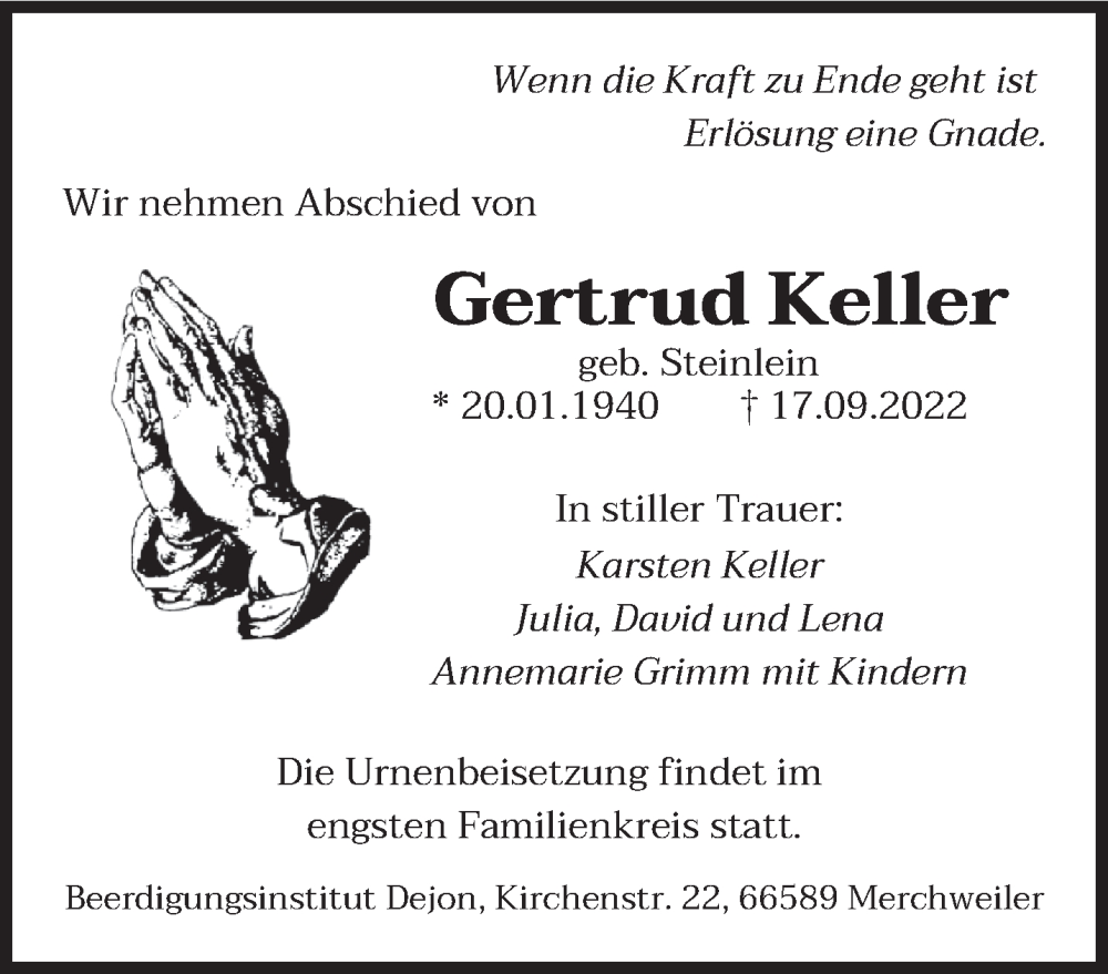 Traueranzeigen Von Gertrud Keller Saarbruecker Zeitung Trauer De