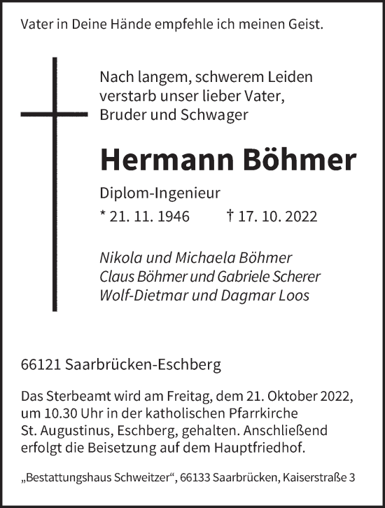 Traueranzeigen von Hermann Böhmer Saarbruecker Zeitung Trauer de