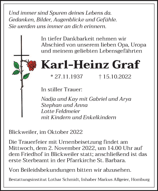 Traueranzeigen Von Karl Heinz Graf Saarbruecker Zeitung Trauer De