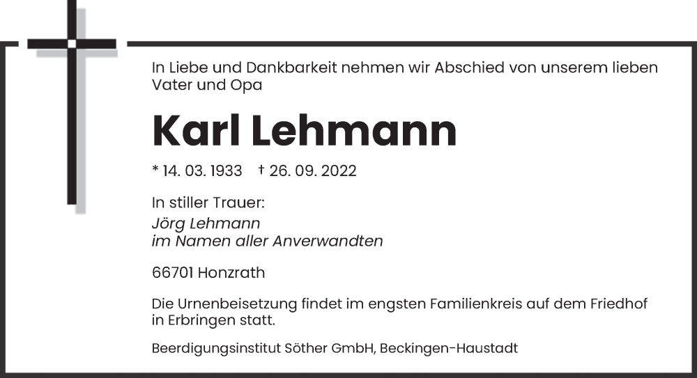 Traueranzeigen Von Karl Lehmann Saarbruecker Zeitung Trauer De