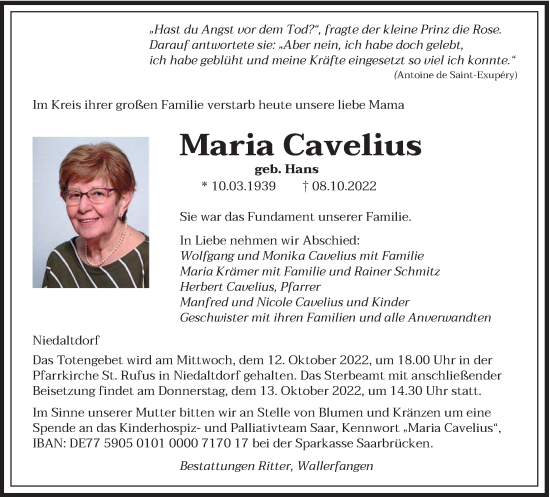 Traueranzeigen Von Maria Cavelius Saarbruecker Zeitung Trauer De