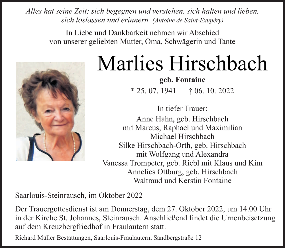 Traueranzeigen Von Marlies Hirschbach Saarbruecker Zeitung Trauer De