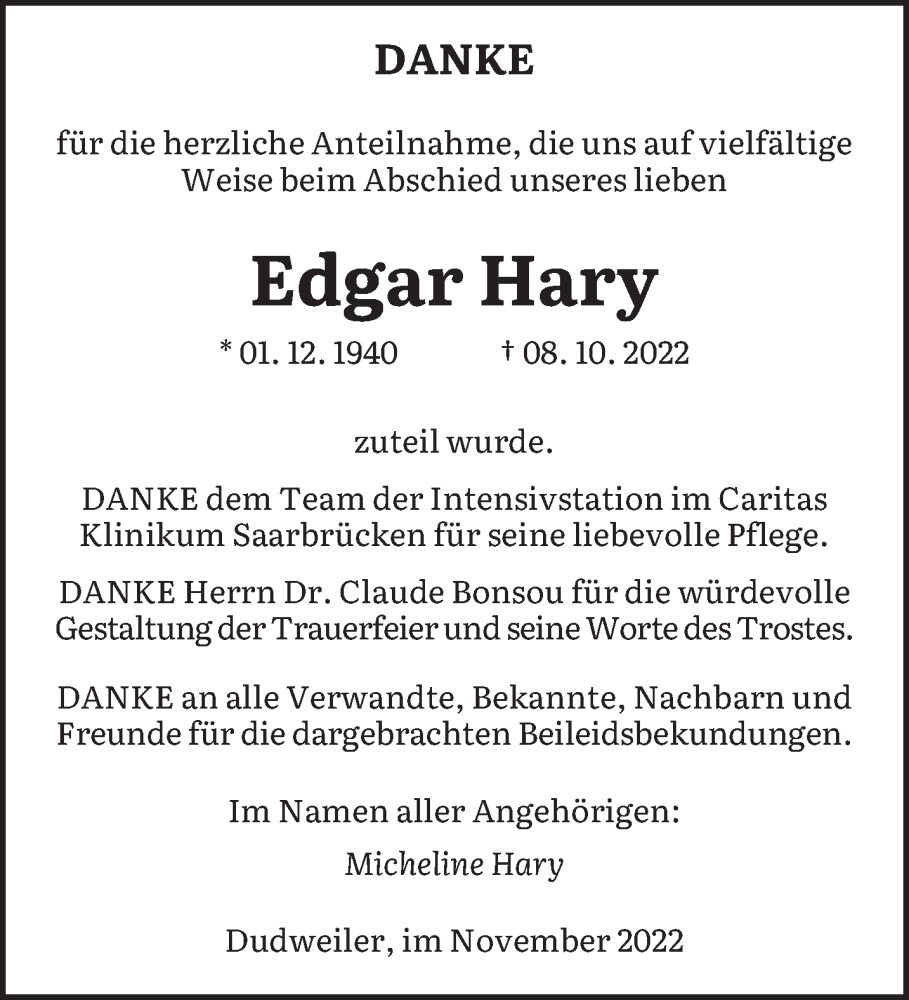 Traueranzeigen Von Edgar Hary Saarbruecker Zeitung Trauer De