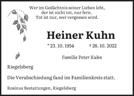 Traueranzeigen Von Heiner Kuhn Saarbruecker Zeitung Trauer De